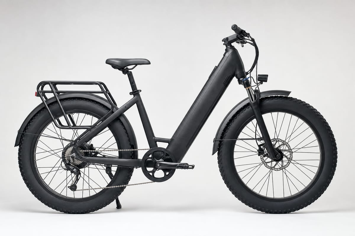 Heavy-Duty-E-Bike im Profil mit überdimensioniertem Unterrohr, breiten Reifen, großer Bremsscheibe und verstärktem Gepäckträger